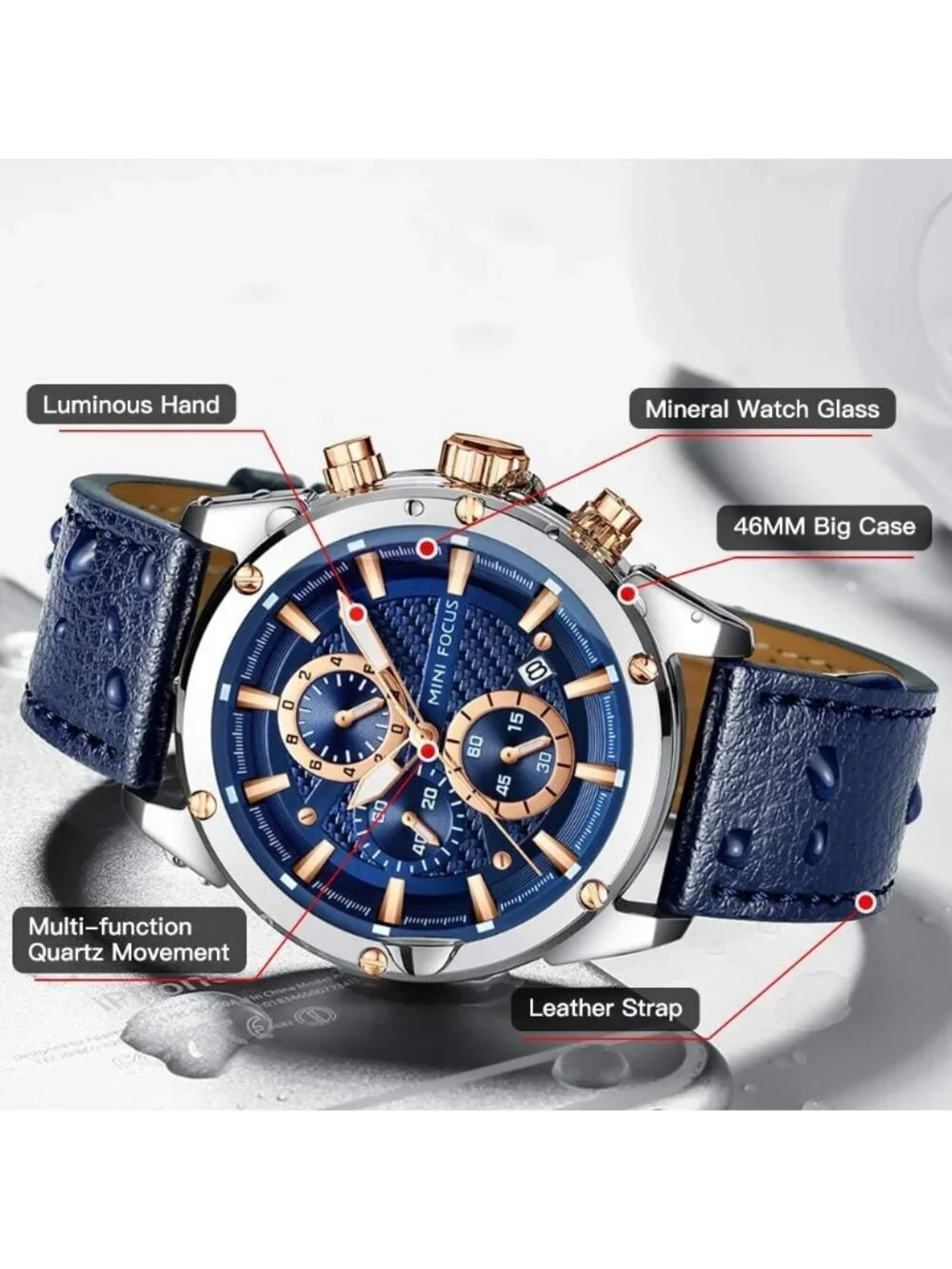 Men's Blue Leather Band Multifunction Waterproof Luminous Casual Wrist Watch